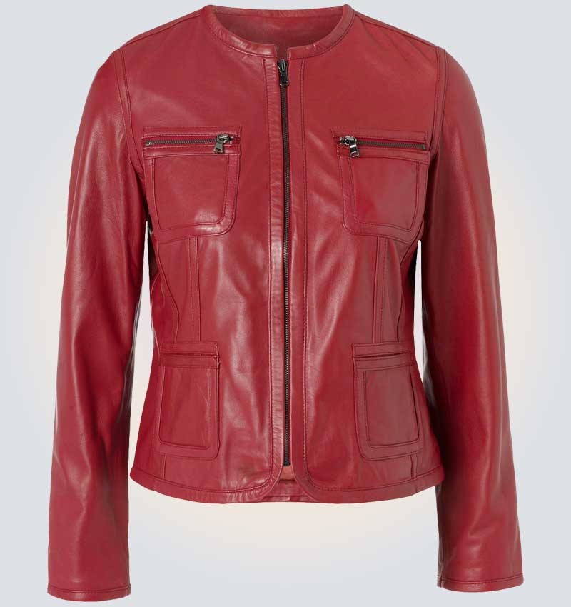 Red Cropped Women Genuine Leather Jacket 